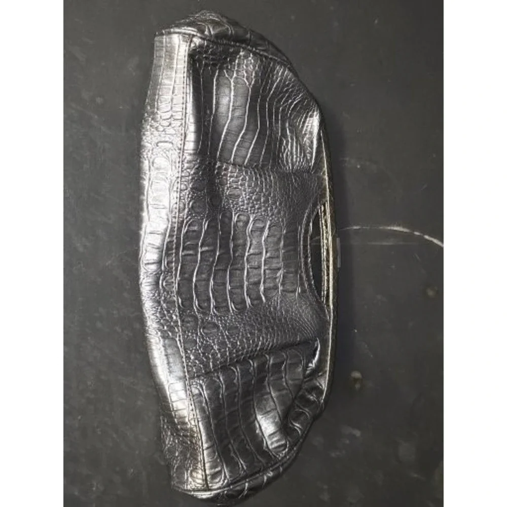 Nicole‎ Miller Silver Crocodile Embossed Frame Clutch Bag Metallic Pewter Office